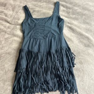 Navy 
Gray/Blue Sleeveless midi dress hippy retro fringe